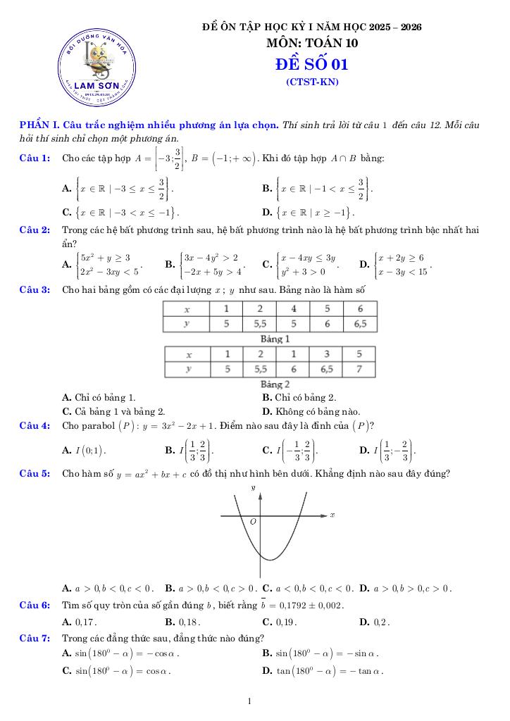 05 đề ôn tập cuối kỳ 1 toán 10 năm học 2025 – 2026 cấu trúc 3-2-2-3 0