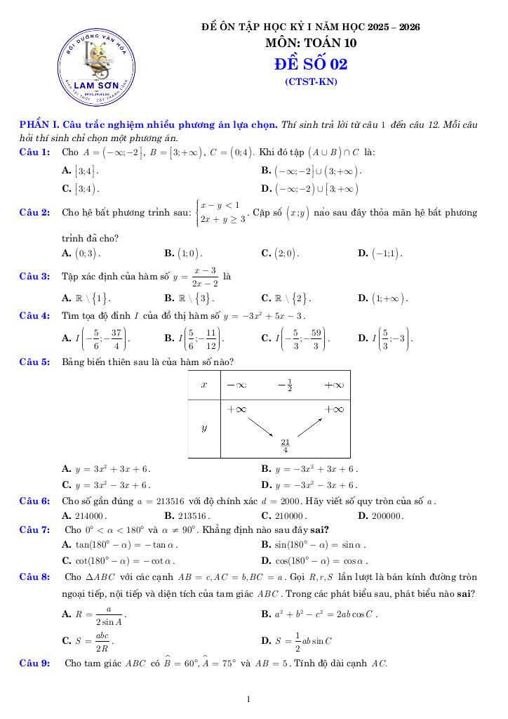 05 đề ôn tập cuối kỳ 1 toán 10 năm học 2025 – 2026 cấu trúc 3-2-2-3 3