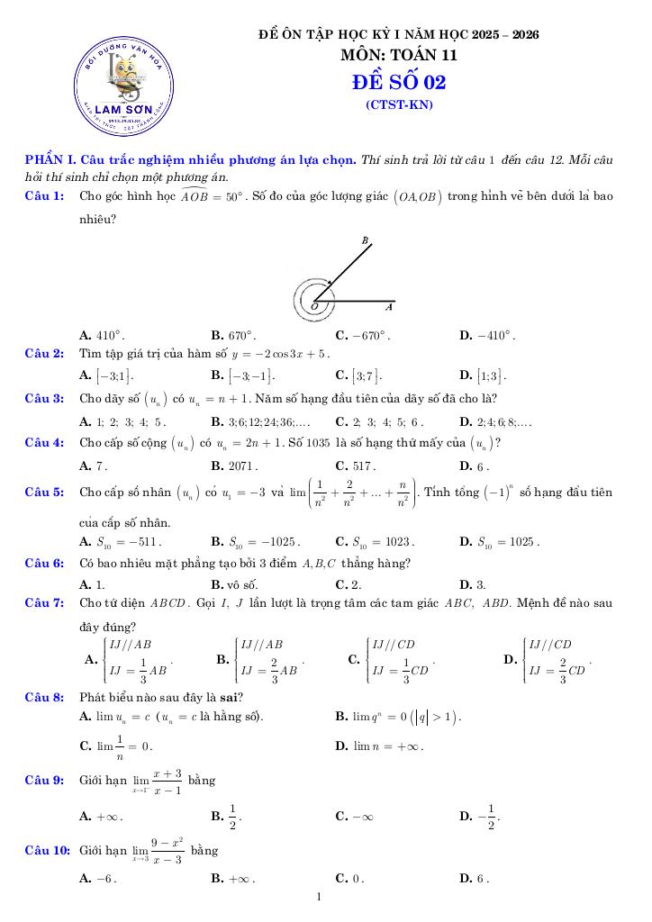 05 đề ôn tập cuối kỳ 1 toán 11 năm học 2025 – 2026 cấu trúc 3-2-2-3 3