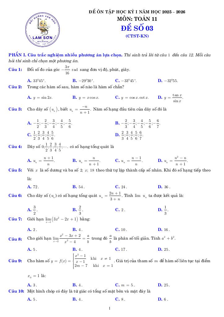 05 đề ôn tập cuối kỳ 1 toán 11 năm học 2025 – 2026 cấu trúc 3-2-2-3 6