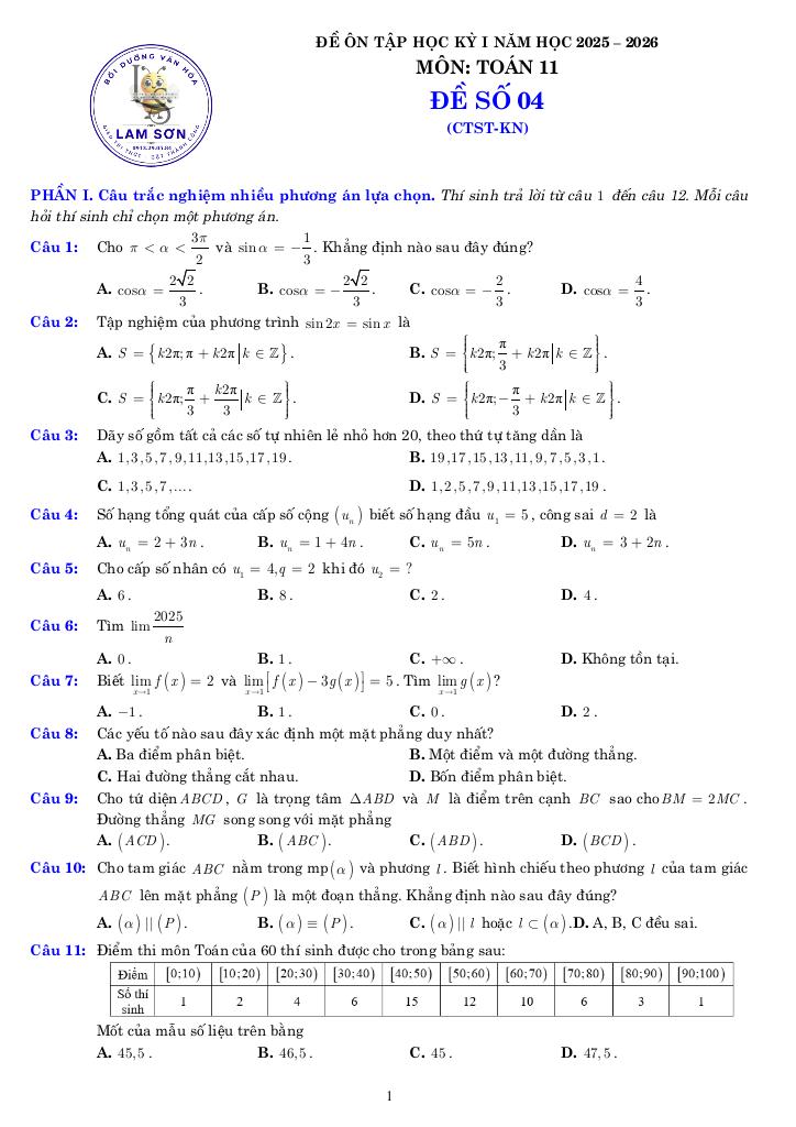 05 đề ôn tập cuối kỳ 1 toán 11 năm học 2025 – 2026 cấu trúc 3-2-2-3 9
