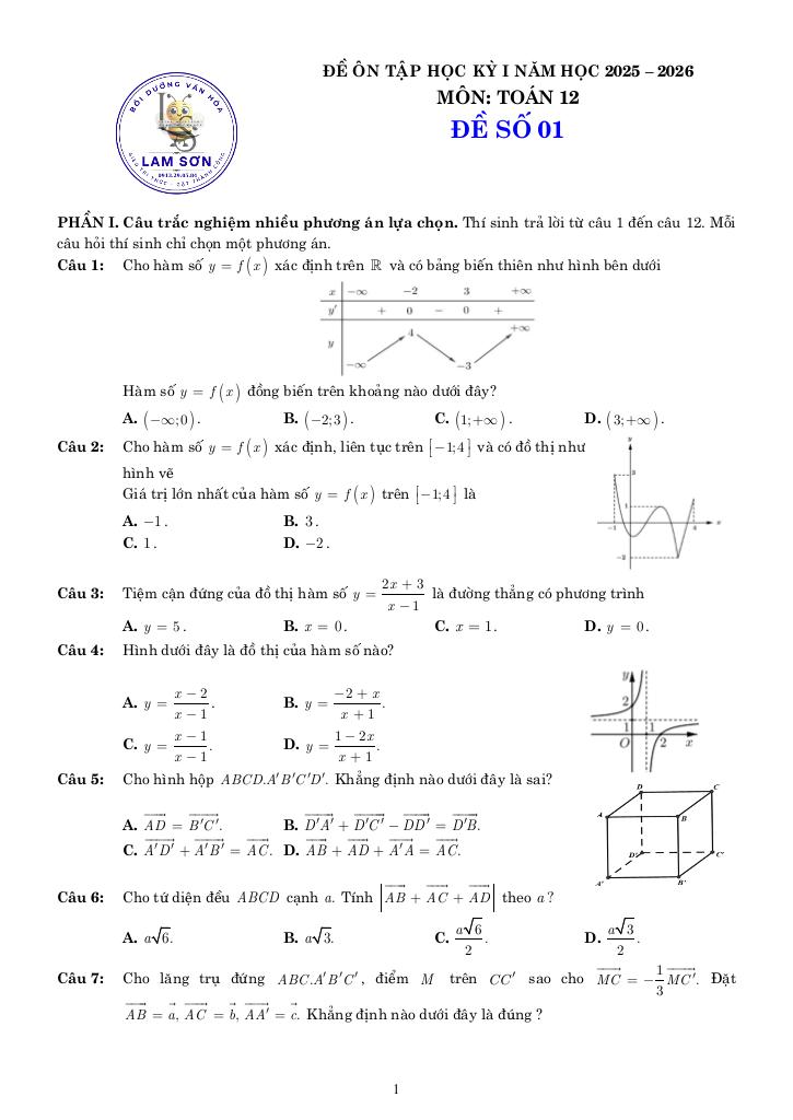05 đề ôn tập cuối kỳ 1 toán 12 năm học 2025 – 2026 cấu trúc 3-2-2-3 0