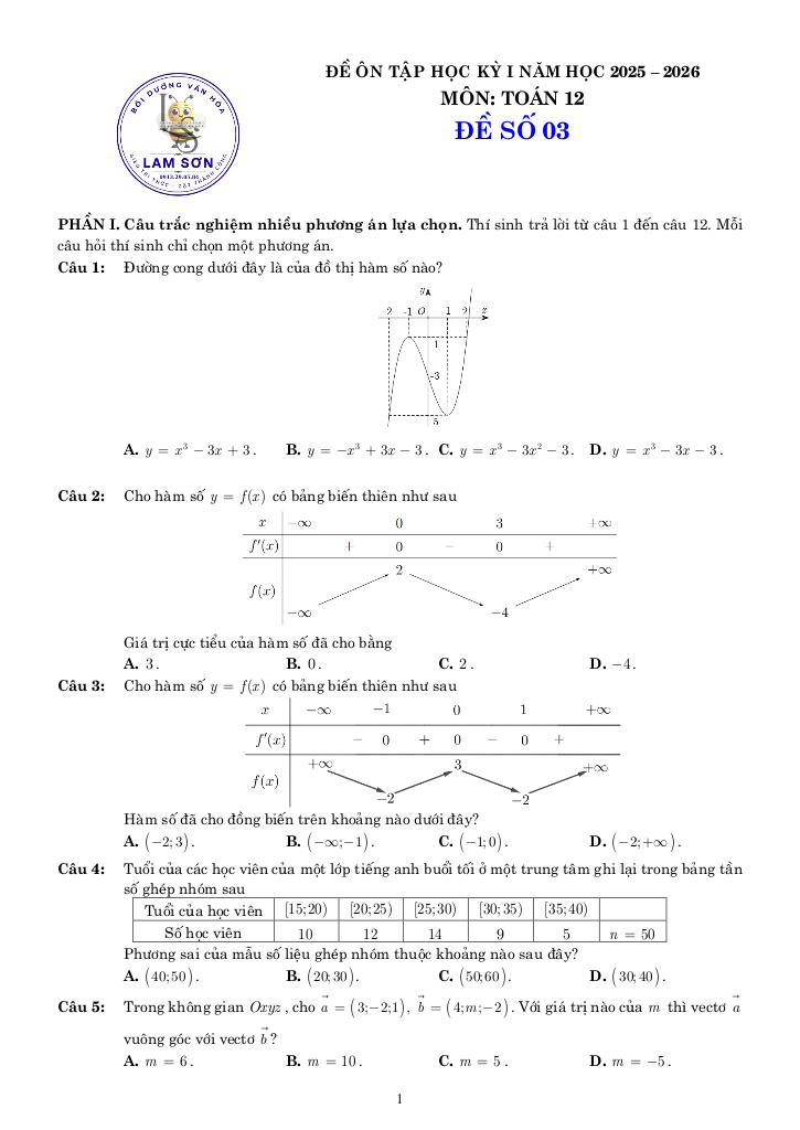 05 đề ôn tập cuối kỳ 1 toán 12 năm học 2025 – 2026 cấu trúc 3-2-2-3 6