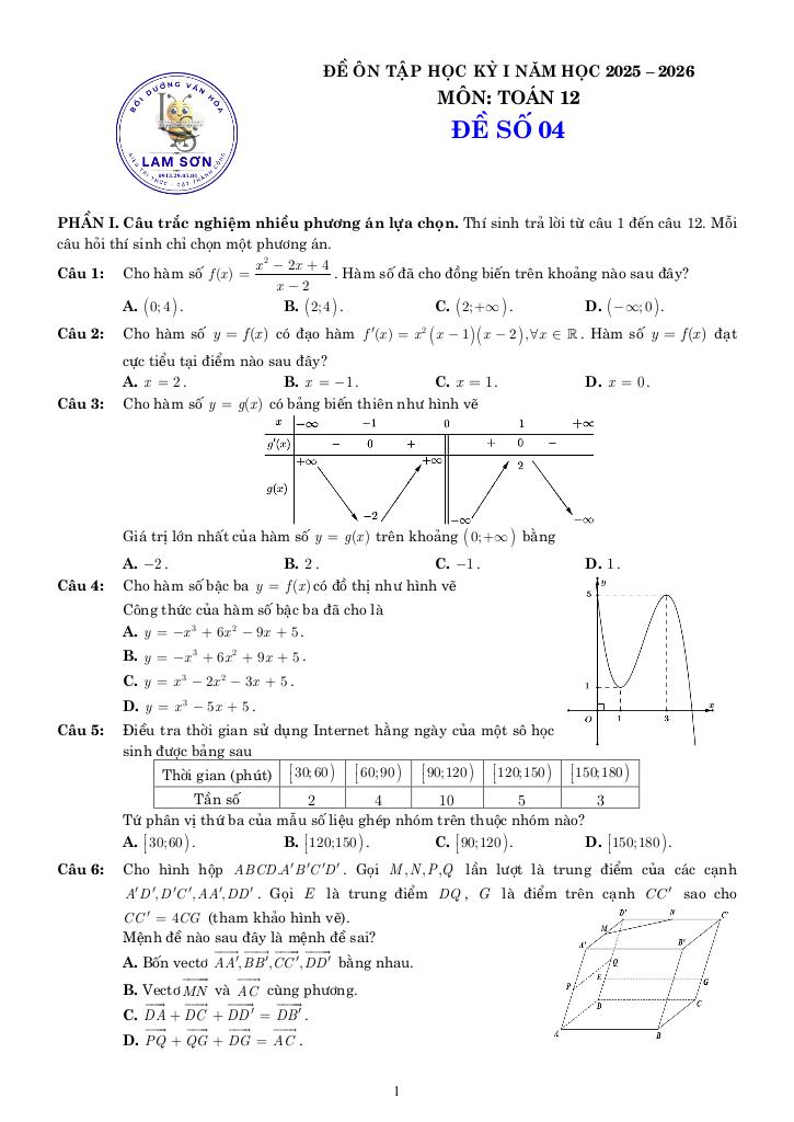 05 đề ôn tập cuối kỳ 1 toán 12 năm học 2025 – 2026 cấu trúc 3-2-2-3 9
