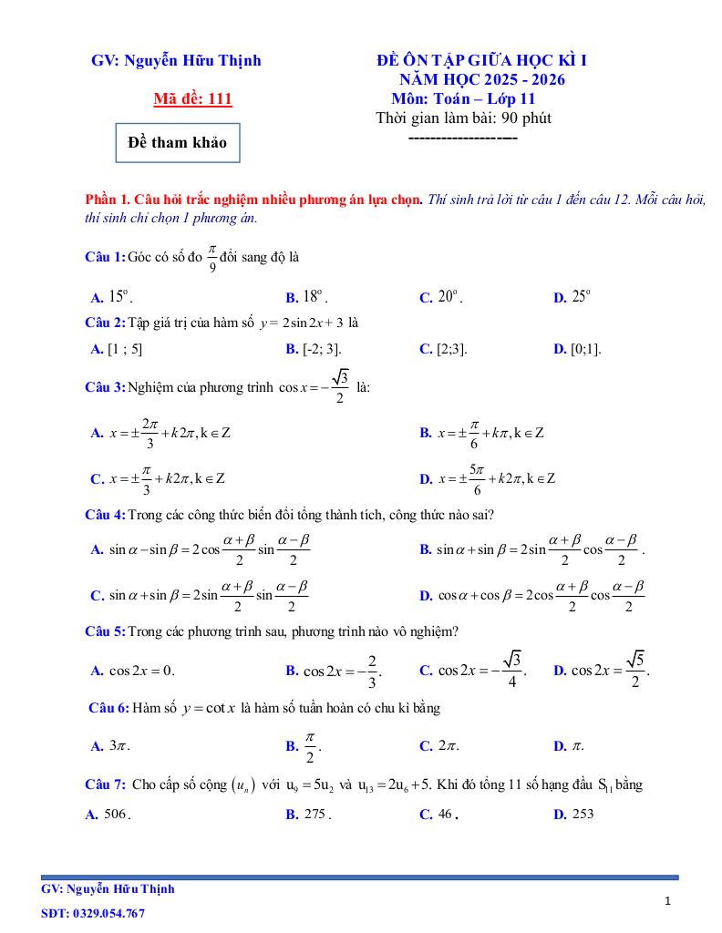 05 đề ôn tập giữa học kì 1 toán 11 năm học 2025 – 2026 – nguyễn hữu thịnh 0