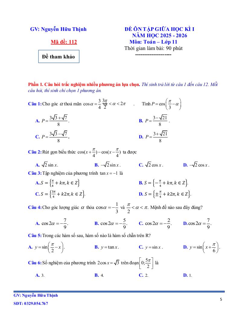 05 đề ôn tập giữa học kì 1 toán 11 năm học 2025 – 2026 – nguyễn hữu thịnh 4