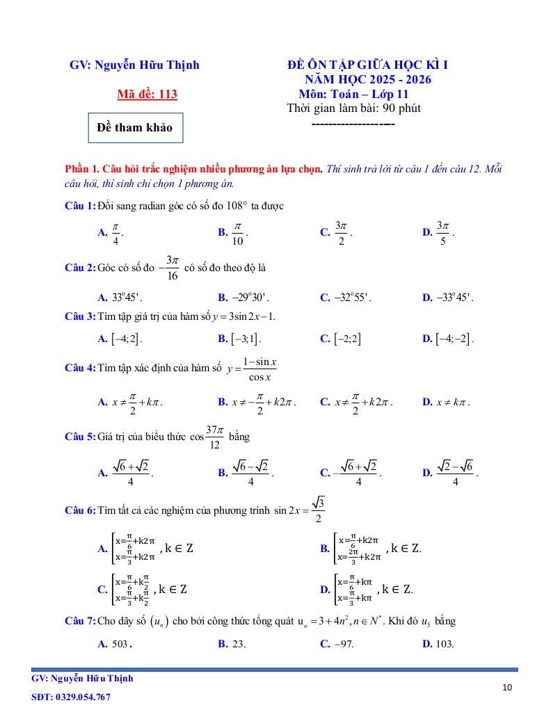 05 đề ôn tập giữa học kì 1 toán 11 năm học 2025 – 2026 – nguyễn hữu thịnh 9