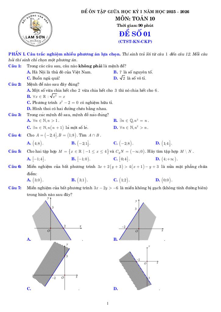 08 đề ôn tập giữa học kỳ 1 toán 10 năm 2025 – 2026 có lời giải chi tiết 0