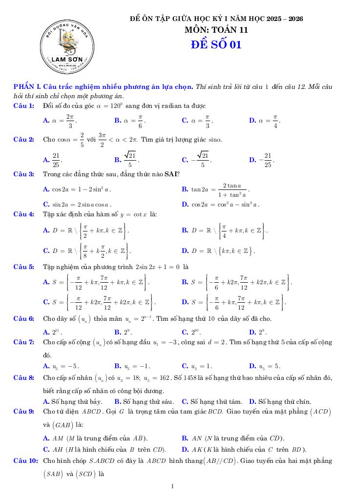 08 đề ôn tập giữa học kỳ 1 toán 11 năm 2025 – 2026 có lời giải chi tiết 0