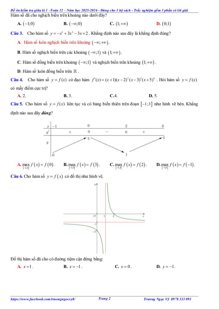 10 đề ôn tập giữa kì 1 toán 12 năm học 2025 – 2026 – trương ngọc vỹ 1