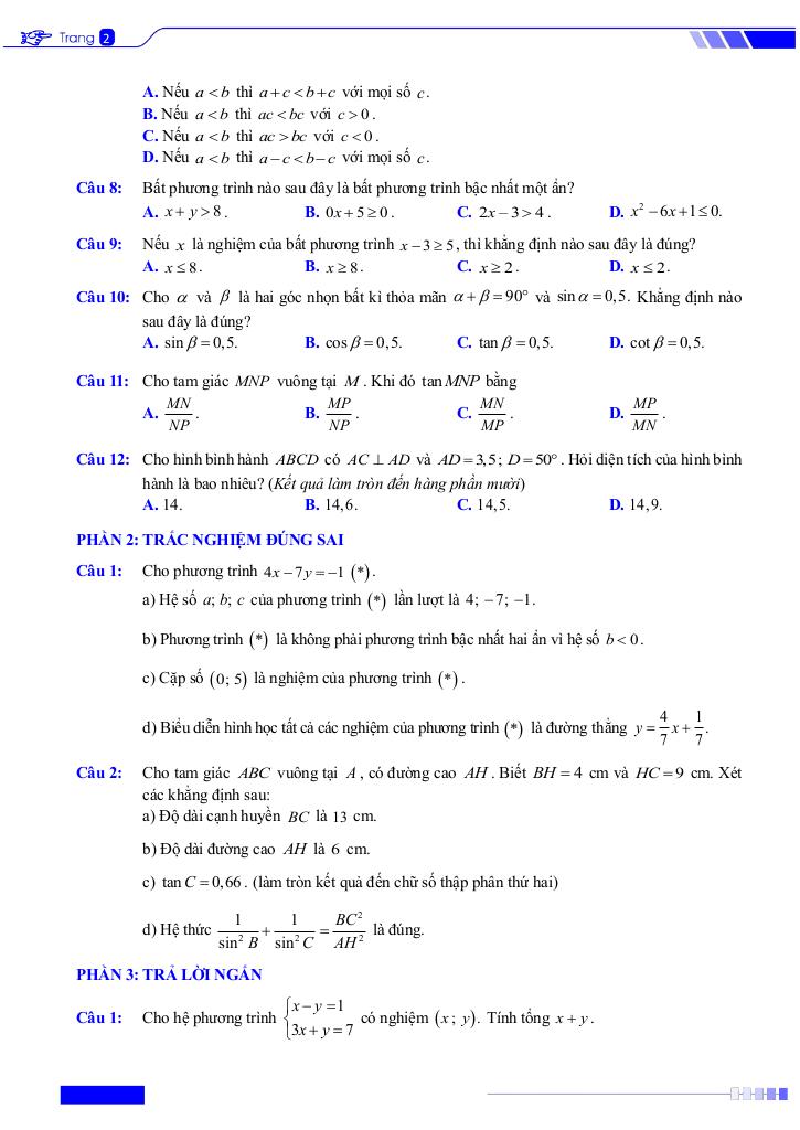 10 đề ôn tập giữa kì 1 toán 9 năm 2025 – 2026 có đáp án và lời giải 2