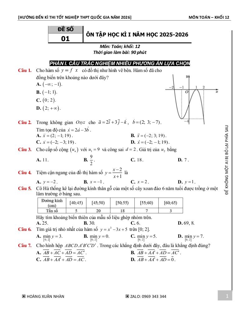 10 đề ôn tập kiểm tra học kì 1 toán 12 năm 2025 – 2026 – hoàng xuân nhàn 1
