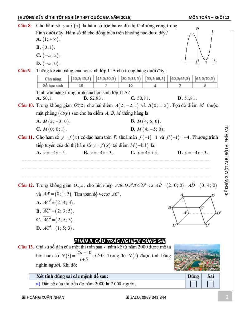 10 đề ôn tập kiểm tra học kì 1 toán 12 năm 2025 – 2026 – hoàng xuân nhàn 2