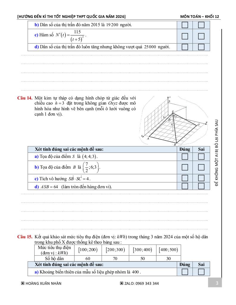 10 đề ôn tập kiểm tra học kì 1 toán 12 năm 2025 – 2026 – hoàng xuân nhàn 3