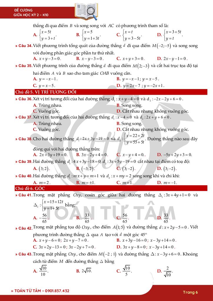 111 câu hỏi ôn tập kiểm tra giữa học kì 2 môn toán 10 6