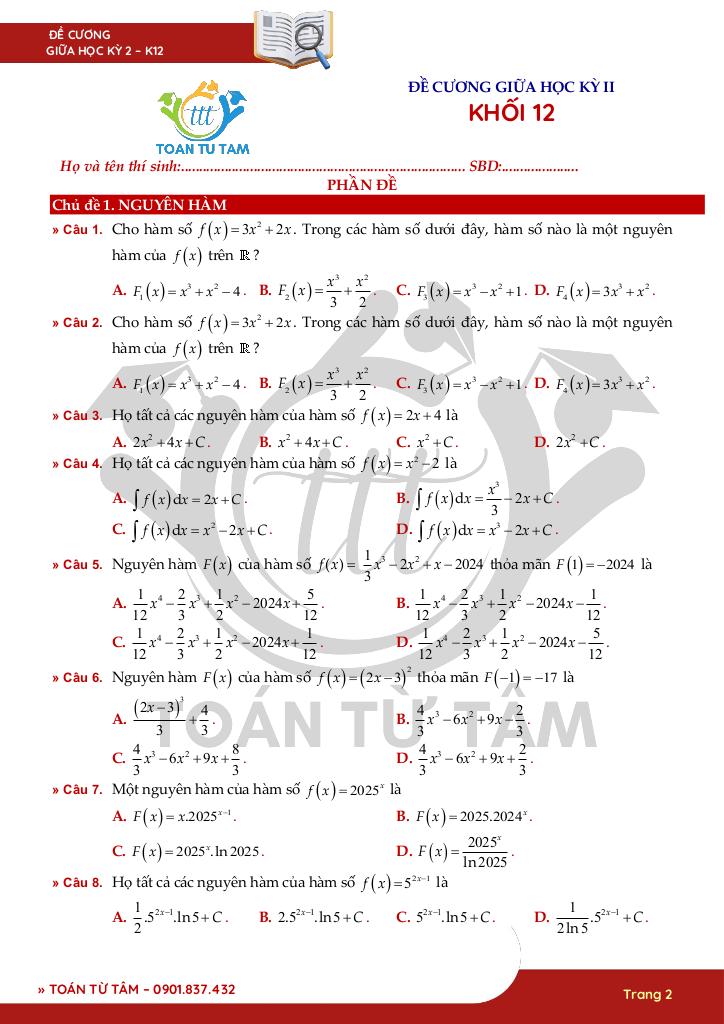 150 câu hỏi ôn tập kiểm tra giữa học kì 2 môn toán 12 2
