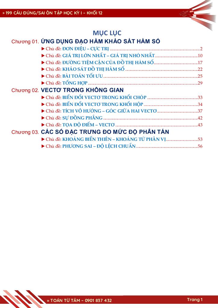 199 câu trắc nghiệm đúng / sai ôn tập học kỳ 1 toán 12 có đáp án 1