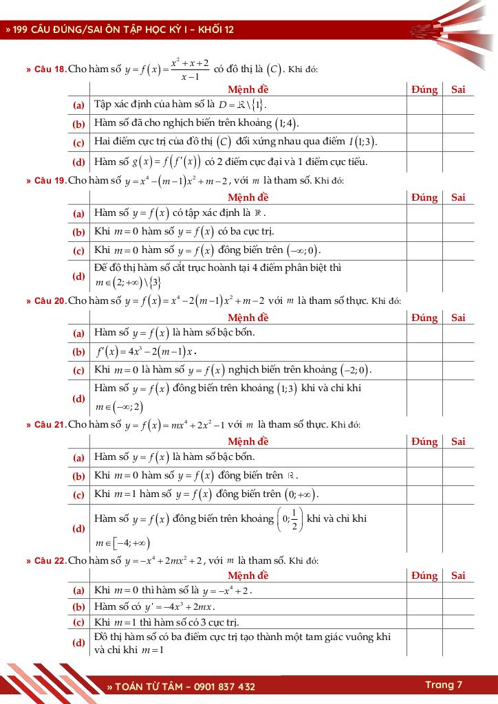 199 câu trắc nghiệm đúng / sai ôn tập học kỳ 1 toán 12 có đáp án 7