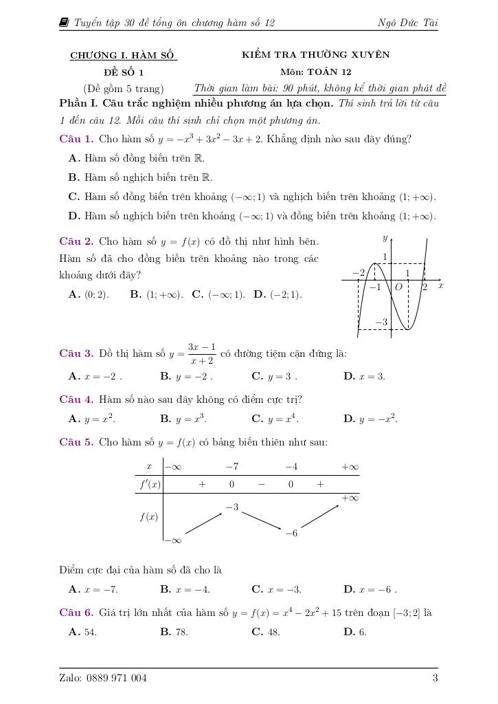 30 đề tổng ôn tập chương ứng dụng đạo hàm để khảo sát và vẽ đồ thị hàm số 3