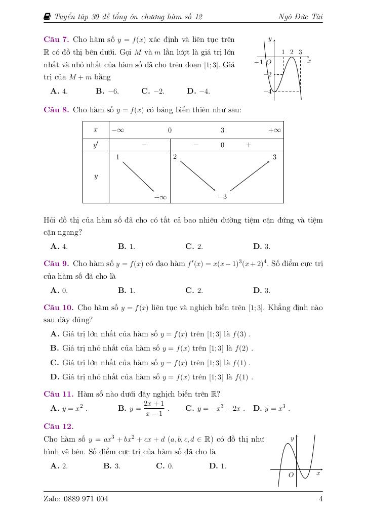 30 đề tổng ôn tập chương ứng dụng đạo hàm để khảo sát và vẽ đồ thị hàm số 4