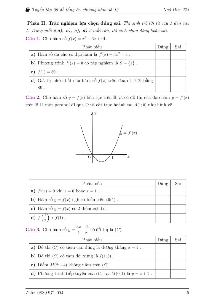 30 đề tổng ôn tập chương ứng dụng đạo hàm để khảo sát và vẽ đồ thị hàm số 5