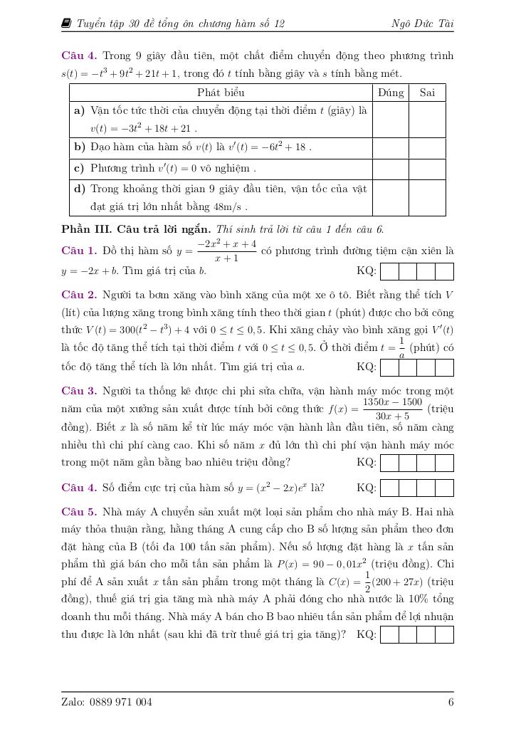 30 đề tổng ôn tập chương ứng dụng đạo hàm để khảo sát và vẽ đồ thị hàm số 6