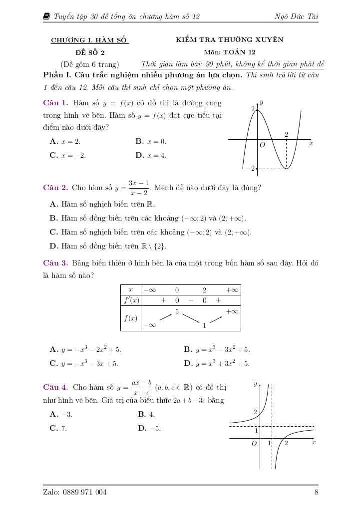 30 đề tổng ôn tập chương ứng dụng đạo hàm để khảo sát và vẽ đồ thị hàm số 8