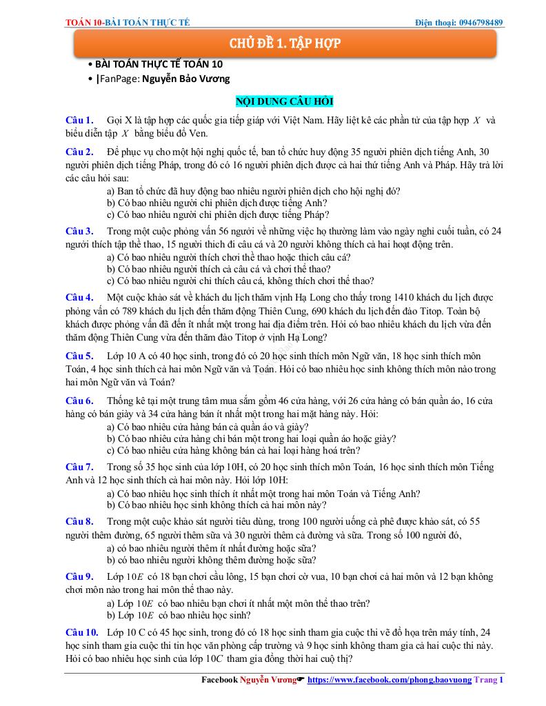 bài toán thực tế môn toán 10 có lời giải chi tiết – nguyễn bảo vương 0