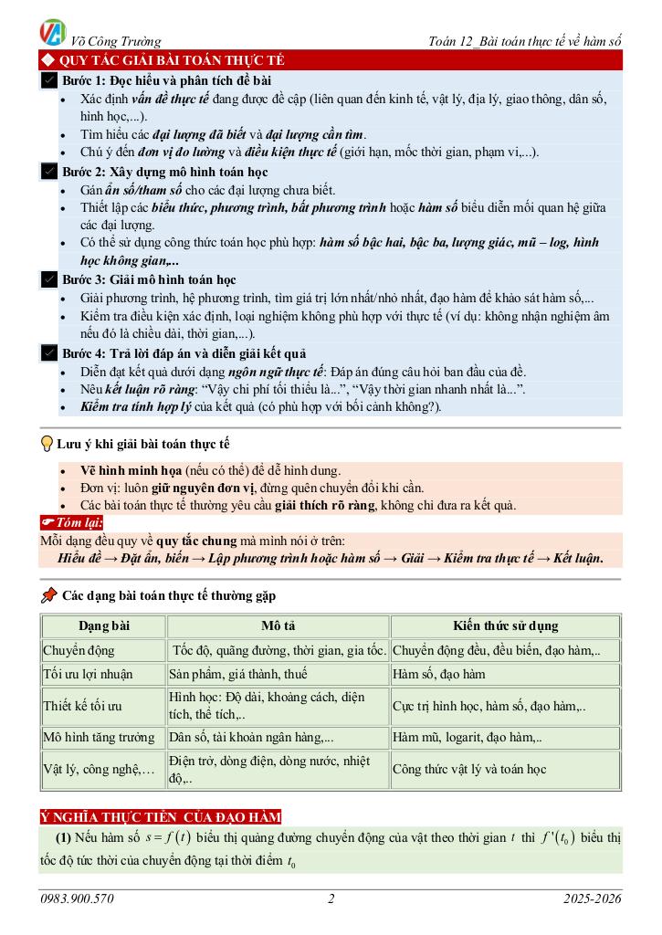 bài toán thực tế về hàm số môn toán 12 – võ công trường 2