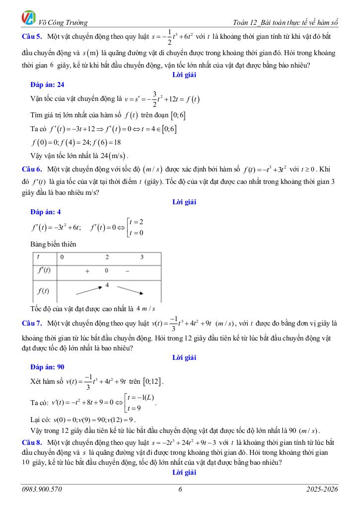 bài toán thực tế về hàm số môn toán 12 – võ công trường 6