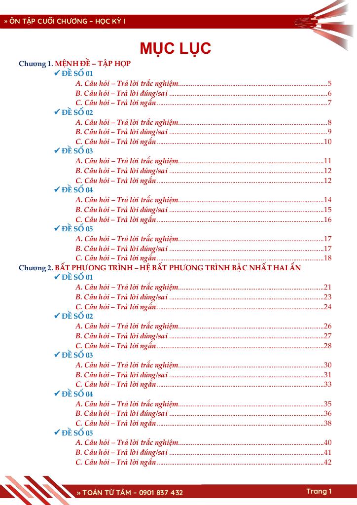 bộ đề đánh giá chất lượng cuối chương môn toán 10 học kỳ 1 1
