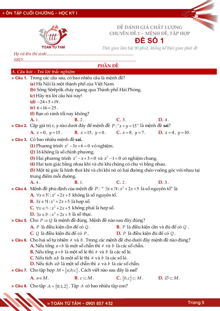 bộ đề đánh giá chất lượng cuối chương môn toán 10 học kỳ 1 5
