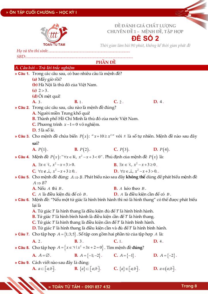 bộ đề đánh giá chất lượng cuối chương môn toán 10 học kỳ 1 8