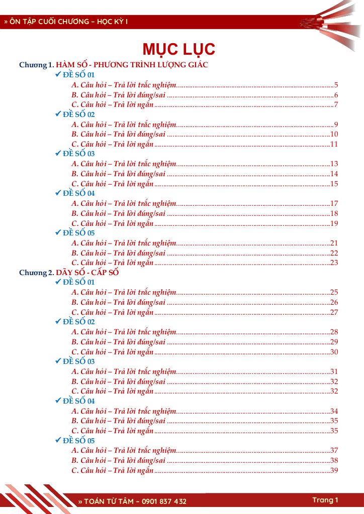 bộ đề đánh giá chất lượng cuối chương môn toán 11 học kỳ 1 1