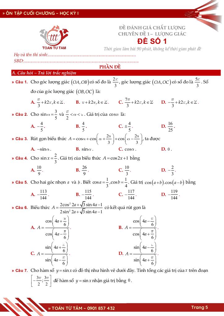 bộ đề đánh giá chất lượng cuối chương môn toán 11 học kỳ 1 5