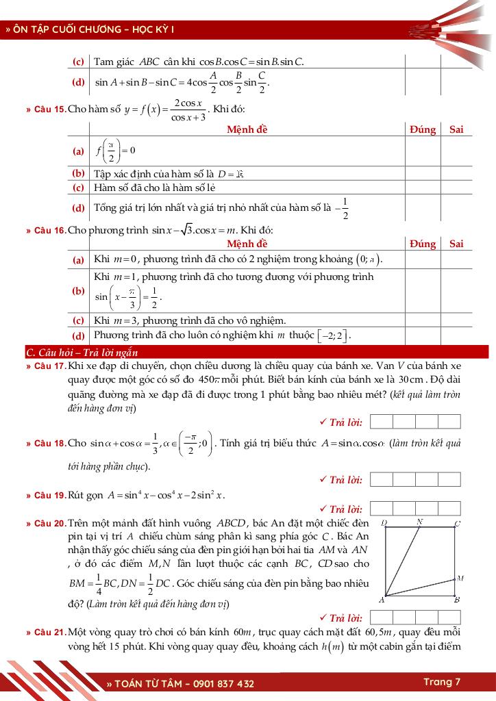 bộ đề đánh giá chất lượng cuối chương môn toán 11 học kỳ 1 7