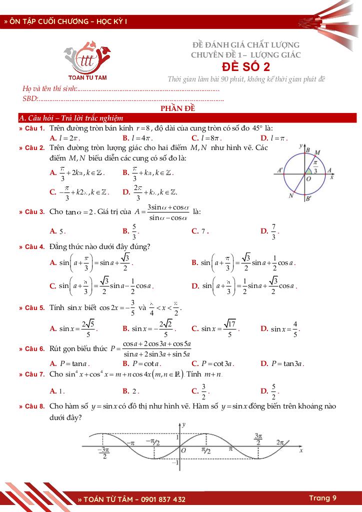 bộ đề đánh giá chất lượng cuối chương môn toán 11 học kỳ 1 9