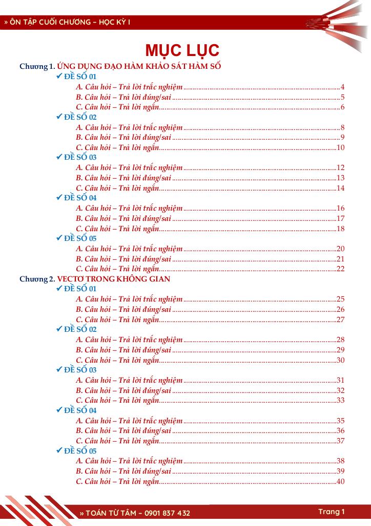 bộ đề đánh giá chất lượng cuối chương môn toán 12 học kỳ 1 1