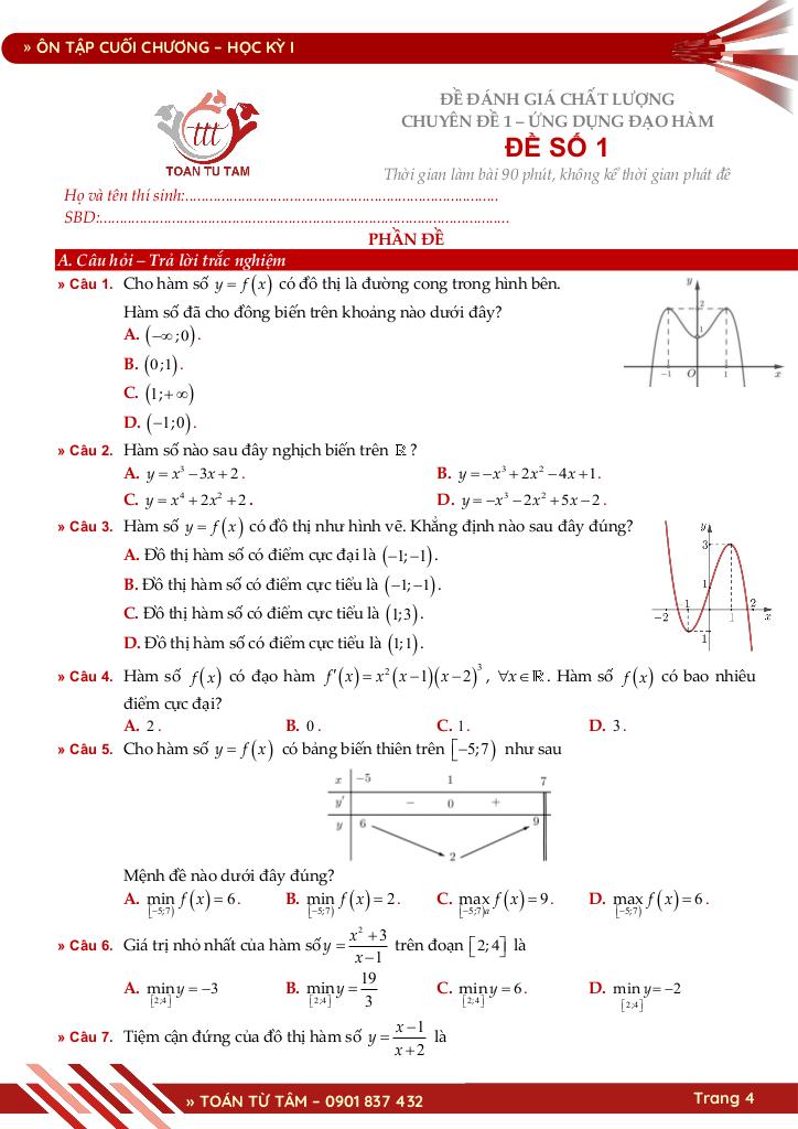 bộ đề đánh giá chất lượng cuối chương môn toán 12 học kỳ 1 4