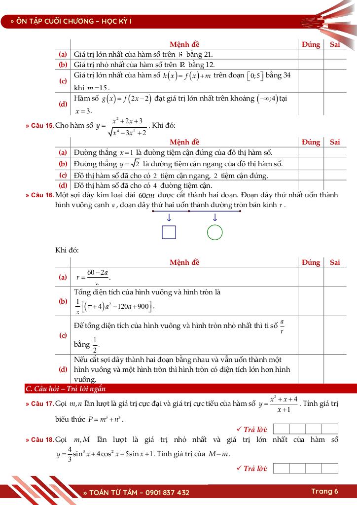 bộ đề đánh giá chất lượng cuối chương môn toán 12 học kỳ 1 6