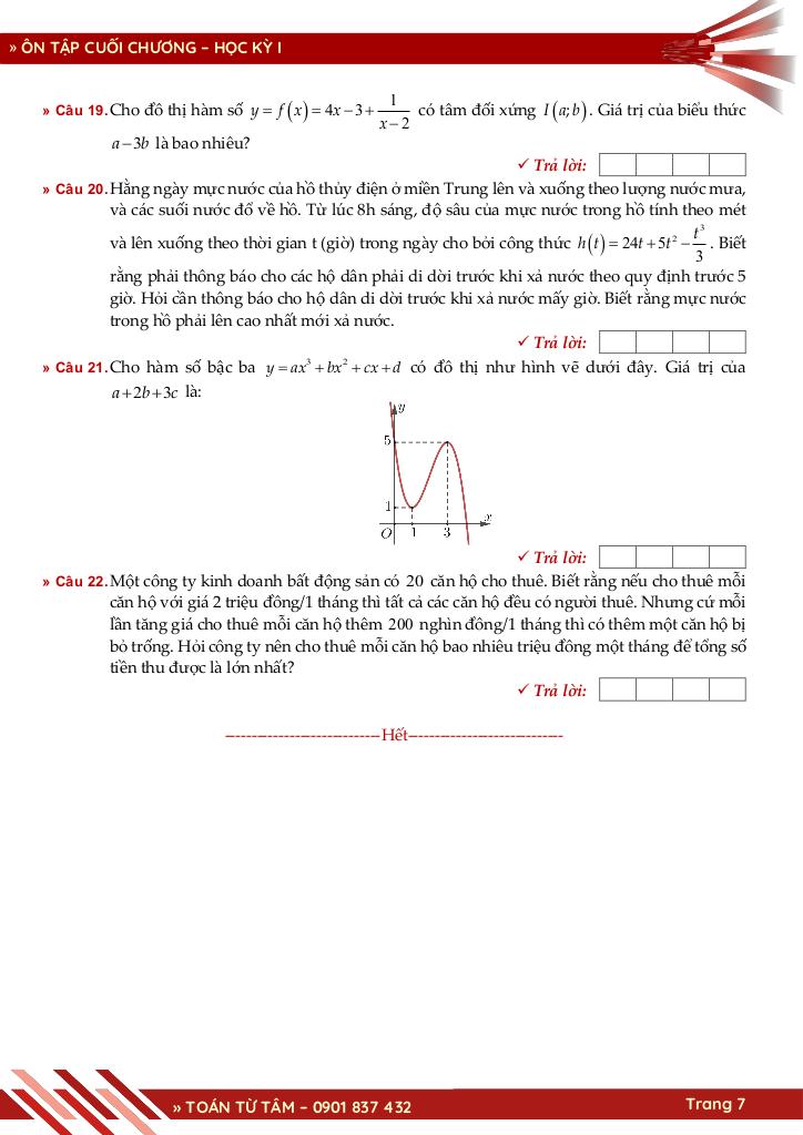 bộ đề đánh giá chất lượng cuối chương môn toán 12 học kỳ 1 7