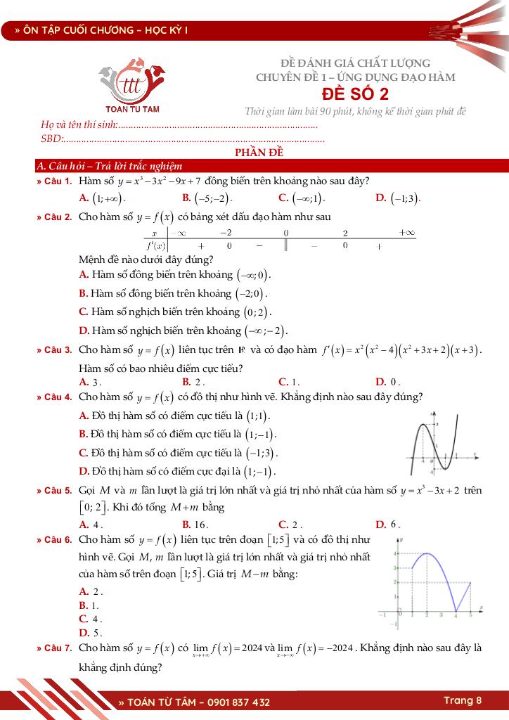 bộ đề đánh giá chất lượng cuối chương môn toán 12 học kỳ 1 8