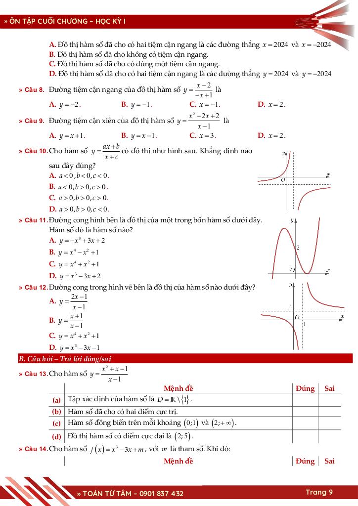 bộ đề đánh giá chất lượng cuối chương môn toán 12 học kỳ 1 9