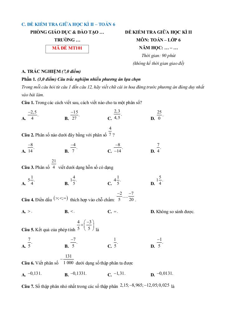 bộ đề giữa học kì 2 toán 6 kết nối tri thức với cuộc sống cấu trúc mới 8