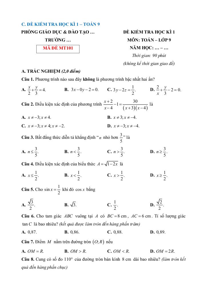 bộ đề kiểm tra cuối học kì 1 toán 9 kết nối tri thức với cuộc sống 9