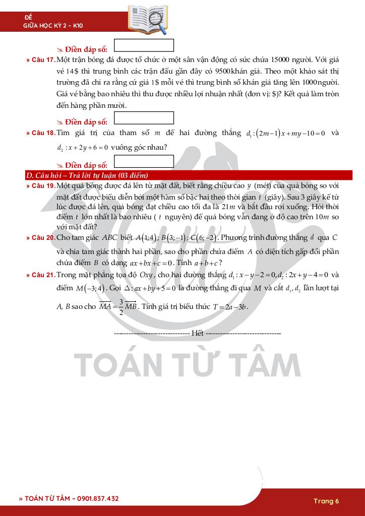 bộ đề kiểm tra giữa kỳ 2 toán 10 ctst năm học 2024 – 2025 6