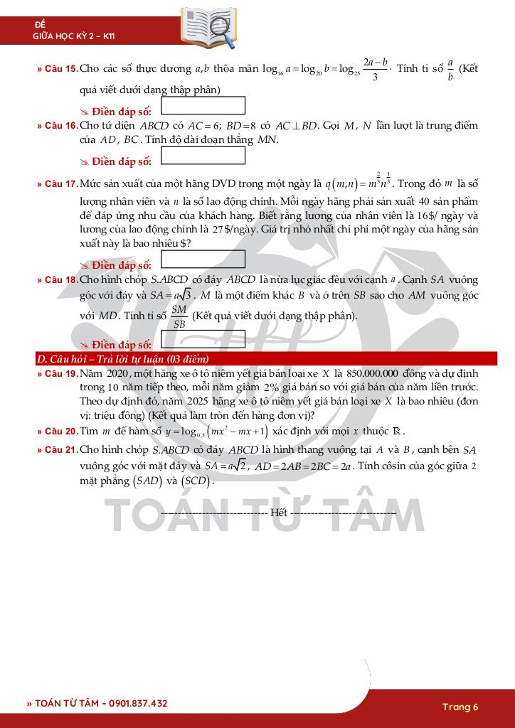 bộ đề kiểm tra giữa kỳ 2 toán 11 ctst năm học 2024 – 2025 6