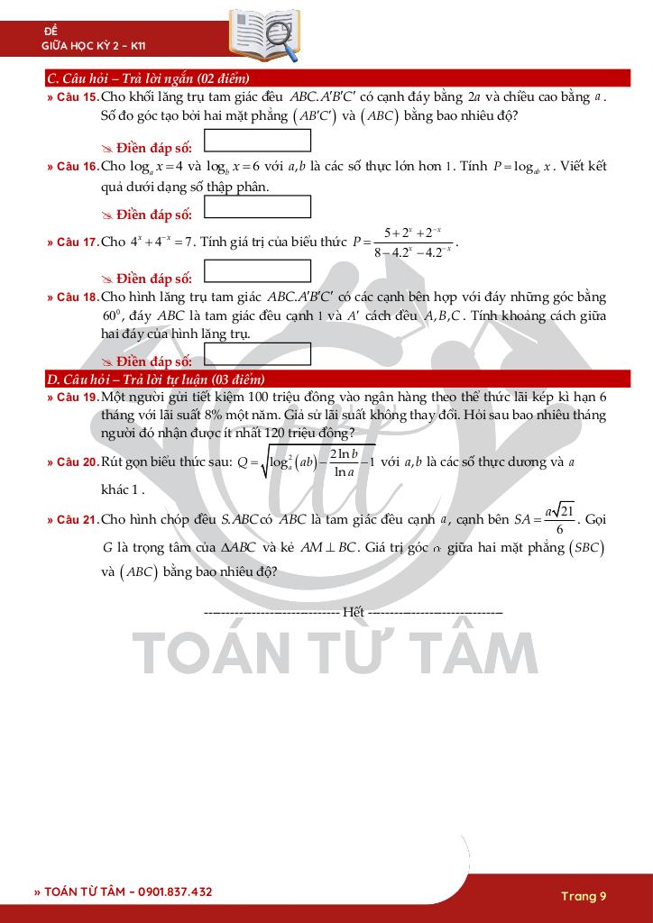bộ đề kiểm tra giữa kỳ 2 toán 11 ctst năm học 2024 – 2025 9