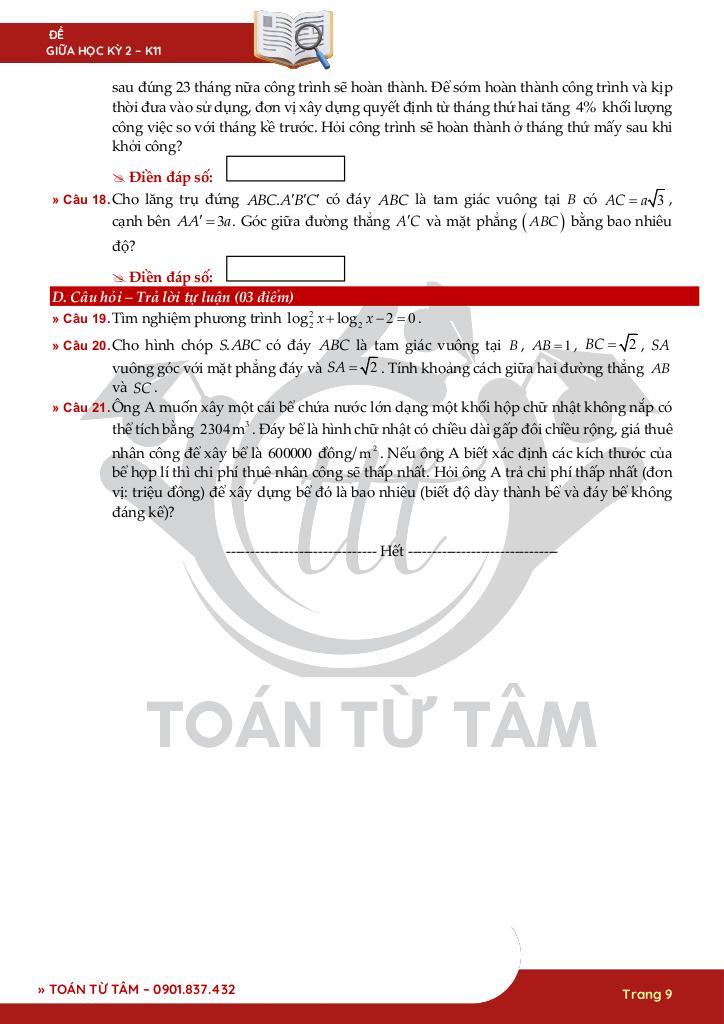 bộ đề kiểm tra giữa kỳ 2 toán 11 knttvcs năm học 2024 – 2025 9