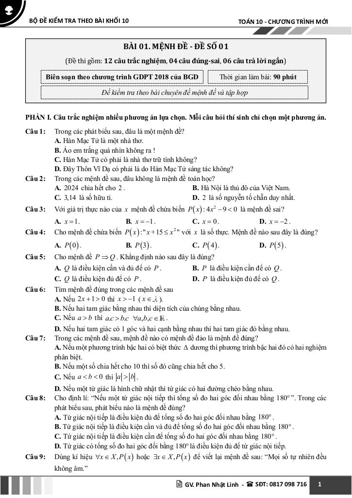 bộ đề kiểm tra theo bài học môn toán 10 học kì 1 chương trình mới 1